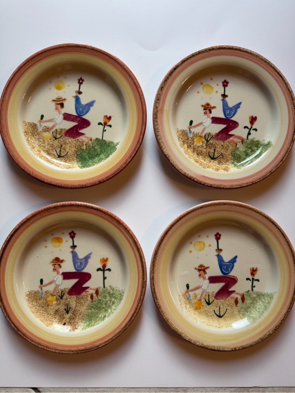 Hartstone Pottery Judy Kruger Garden Folk Salad Plates Handpainted Set 4 7 7/8”